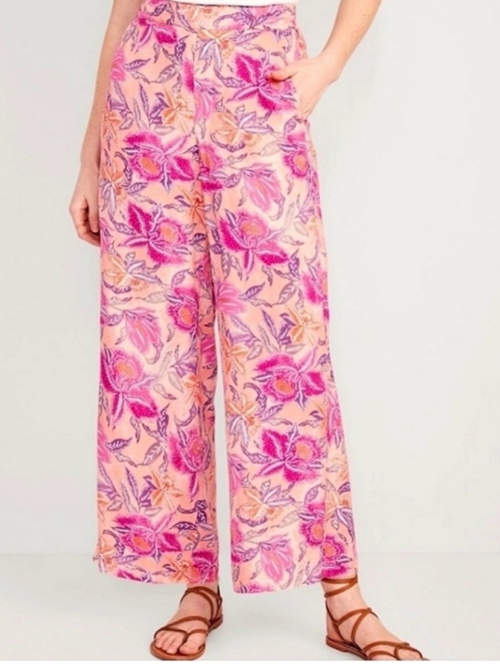 Old Navy high waisted Playa Floral Wide-Leg Beach Pants in Pink Peach Large